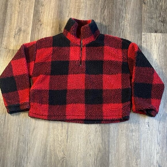 Thread & Supply Red and Black Plaid Fleece 1/4 Zip Pullover Size Large - Picture 1 of 6